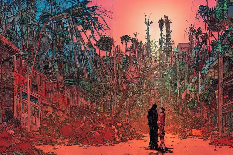 Prompt: on the street of abandoned town 2 people standing huddled together with spiny giant plants bursting through them, surreal, red sky, vivid colors, intricate design, painting by Laurie Greasley, part by Yoji Shinkawa, part by Norman Rockwell