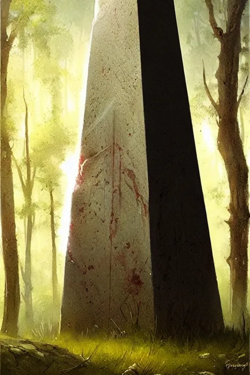 Prompt: greg rutkowski poster. ancient obelisk in the woods