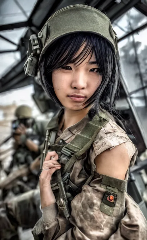 Prompt: close portrait photo of a focused female and asian tank commander spying outside the open window of her tank, highly detailed, smoke and dirt in the background, high resolution, cosplay photo, stunning, girls frontline style, bokeh soft, shot on 70mm, zenithal lightning, trending on instagram, by award winning photographer, realistic human anatomy, real human faces, realistic military carrier, soldier clothing, modern warfare, shot with a professional camera, low saturation, soldier clothing, hard surfaces