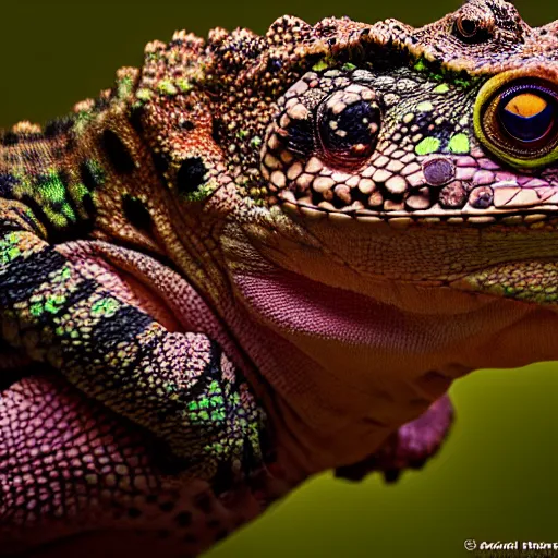 Image similar to An award winning photo of Tokay crocodile chameleon facing the camera, cute, environmental portrait, wildlife photography, National Geographic, 4k