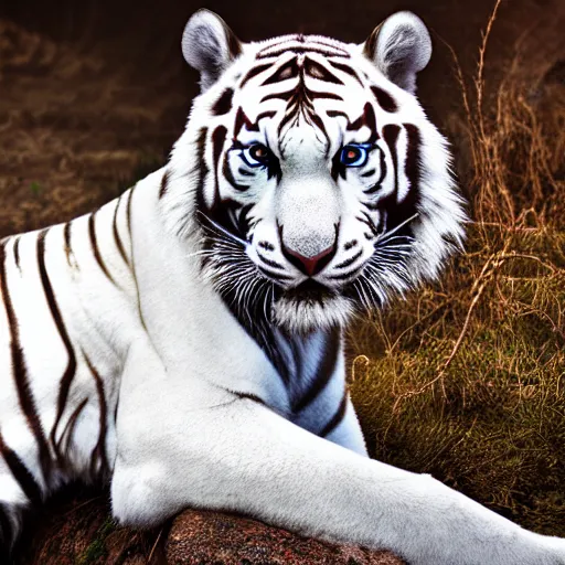Prompt: realistic photo portrait of a white tiger | blue eyes | colorful blue eyes | cinematic photo | cinematic shot | epic | 8k resolution | realistic | hyperrealistic