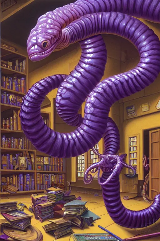 Prompt: classic oil painting, a giant purple worm crawling around a classroom, as a dnd character, inside a cluttered school, cottagecore, highly detailed, digital illustration, educational supplies, textbooks, lockers, concept art, smooth, sharp focus, art by tim hildebrandt, and greg hildebrandt