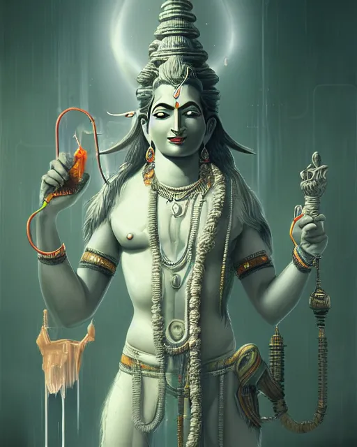 Image similar to a beautiful concept portrait art of ancient hindu god shiva in cern lab, atmospheric, highly detailed, digital painting, artstation, concept art, cinematic lighting, octane render