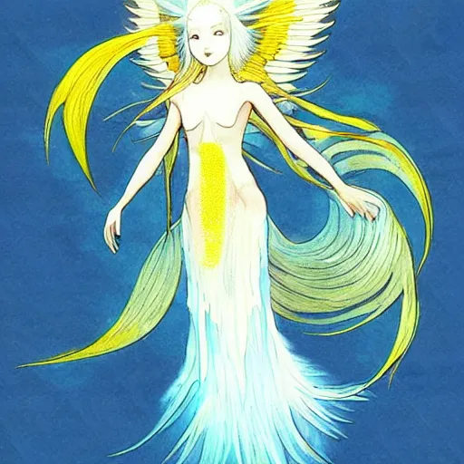Image similar to a betta fish anthropomorphic angel, white and gold color palette, by Yoshitaka Amano, ethereal, dreamy, god rays