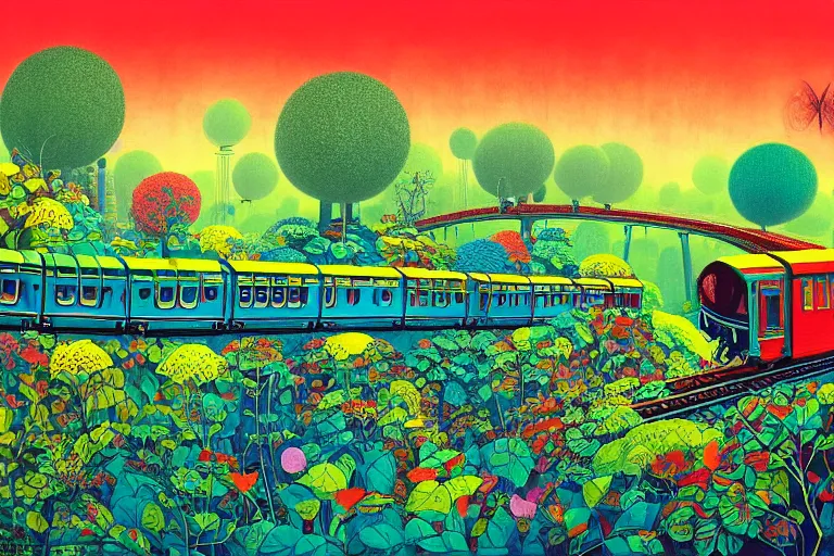 Prompt: surreal glimpse into other universe, choo choo train to penang hill, summer morning, very coherent and colorful high contrast, art by!!!! gediminas pranckevicius!!!!, geof darrow, floralpunk screen printing woodblock, dark shadows, hard lighting, stipple brush technique,