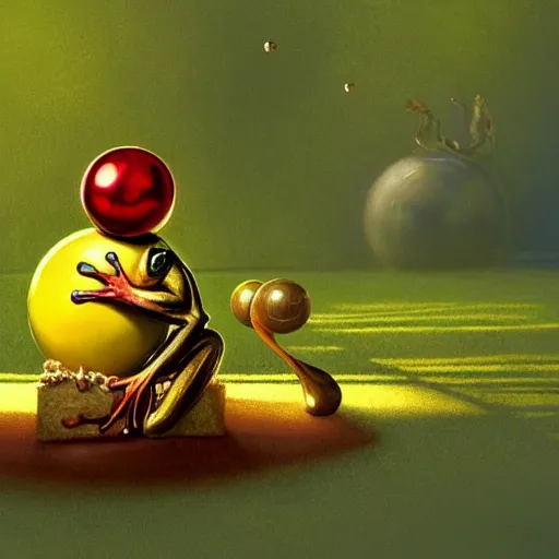 Image similar to ground level wide angle shot of a cute frog bowling with a golden metal ball, concept art, by esao andrews, by m. w. kaluta, by pixar, volumetric light, rich colors, very humorous!!!, realistic reflections, smooth, depth perception, shallow depth of field, 4 k, unreal engine 5, artstation