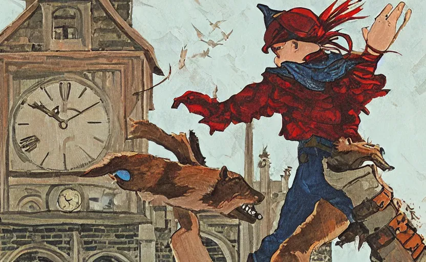 Image similar to a boy fighting a wolf on the edge of a clocktower, by peter chan gouache, print