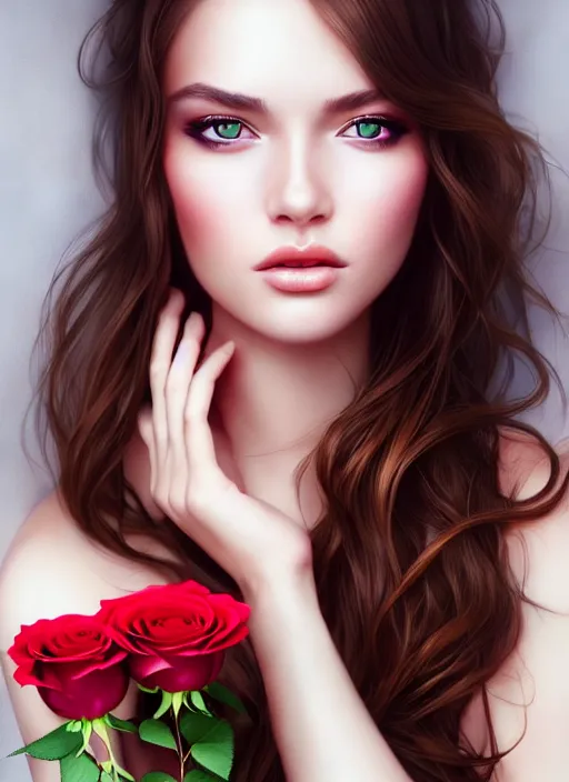 Image similar to a gorgeous female photo, professionally retouched, soft lighting, holding a bouquet of roses, realistic, smooth face, perfect eyes, wide angle, sharp focus on eyes, 8 k high definition, insanely detailed, intricate, elegant, art by artgerm and wlop