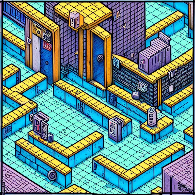 Image similar to an absurdly-detailed isometric cyberpunk alleyway colored-pen drawing as a fancy square tile. Sea-life in a submerged-city.