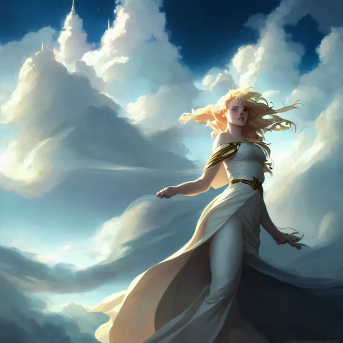 Prompt: style artgerm, joshua middleton, charlie bowater, soft castle in the sky white with gold, majestic spires, clouds swirling, detailed, sky setting, volumetric lighting