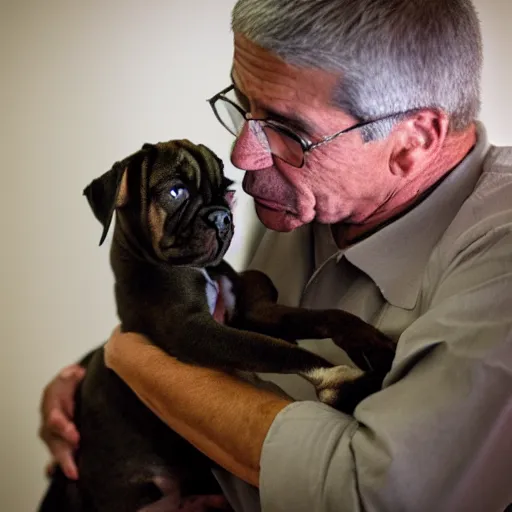 Image similar to 50mm photo, Anthony Fauci holding a boxer puppy