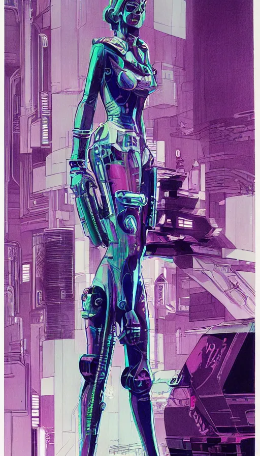 Image similar to concept art of a female cyberpunk character, film noir, art deco, pastel colors, detailed ink drawing, by Syd Mead, by Moebius