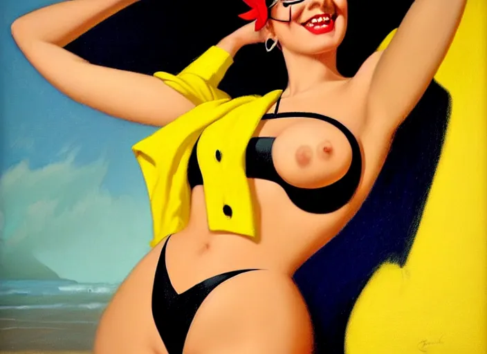 Image similar to the style of the artist gil elvgren, a girl with black hair, overwatch tracer, with a very beautiful symmetrical face, a smile on her face, tanned skin, in a yellow bikini, against the background of a sea beach, in art style, high detail, digital painting, hyperrealism