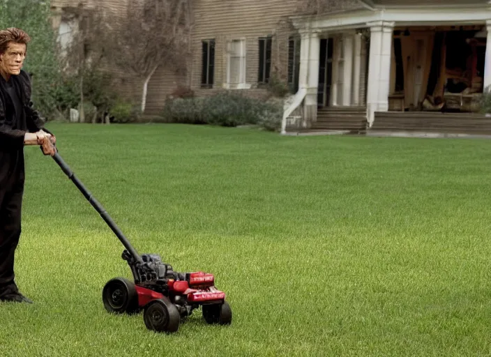 Image similar to film still of Willem Dafoe mowing a lawn in the new Robocop movie, 4k