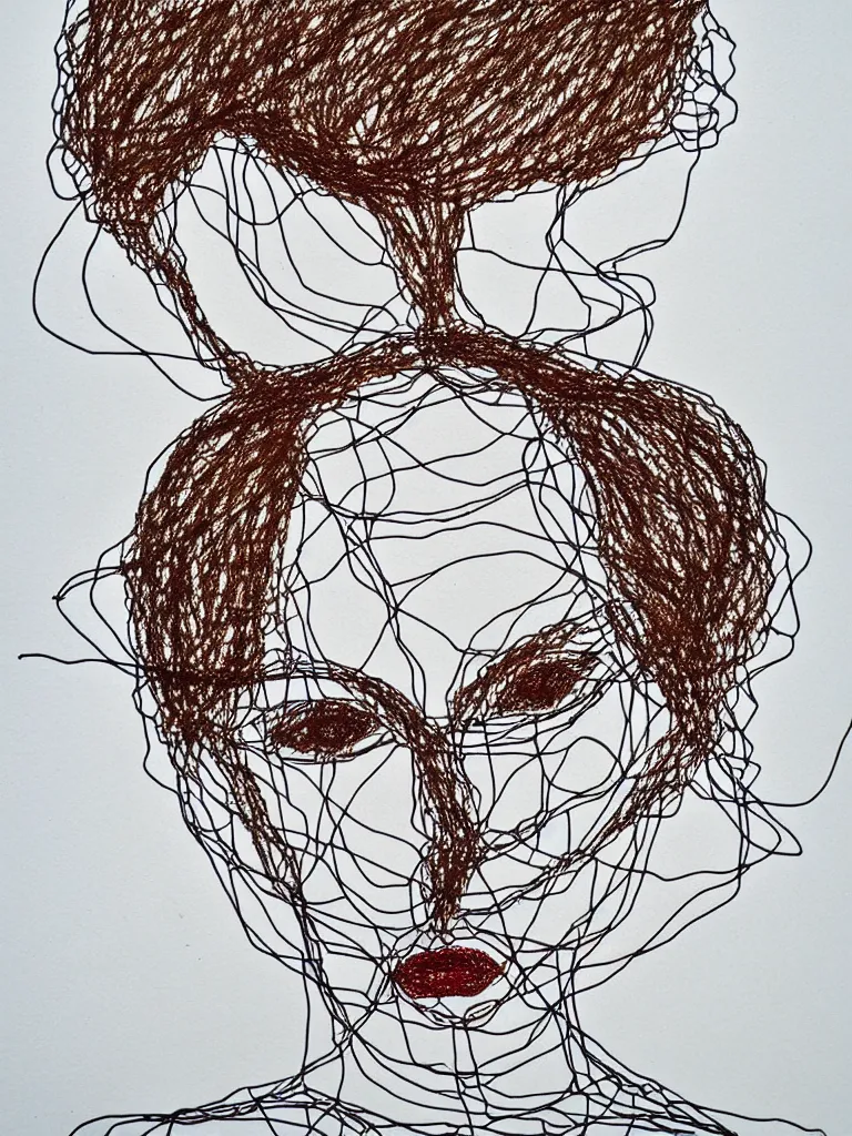 Image similar to elegant wire art portrait influenced by egon schiele. minimalist artwork full of human emotional expression and personality.