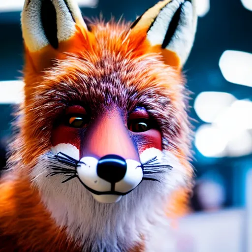 Image similar to portrait of a realistic fox fursuit at a furry convention, indoors, midday, realisitc bokeh photo