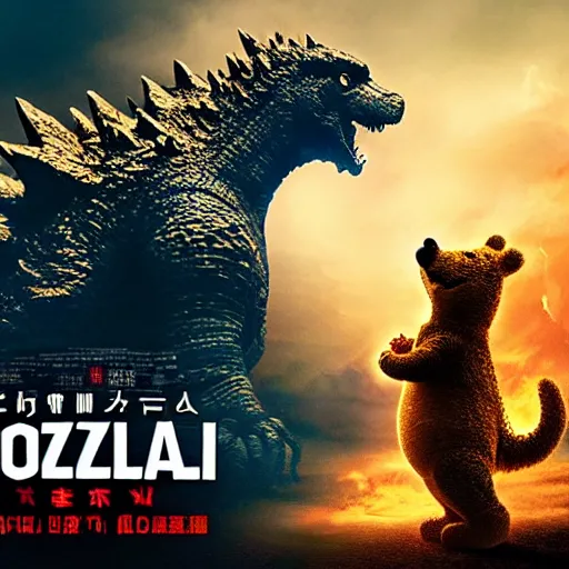 Image similar to godzilla with the head of winnie the pooh and the face of xi jinping, cinematic composition, epic dramatic lighting, realistic, hyperdetailed, photorealistic, photograph, epic scale