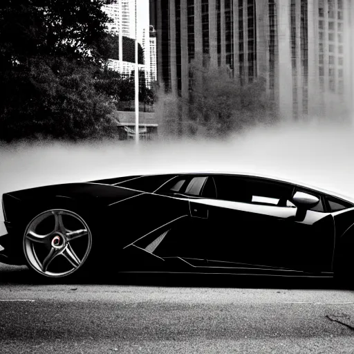 Image similar to black and white press photograph of a man in a suit pushing a lamborghini that is out of gas on a busy city street, sideview, detailed, natural light, mist, film grain, soft vignette, sigma 5 0 mm f / 1. 4 1 / 1 0 sec shutter, imax 7 0 mm footage