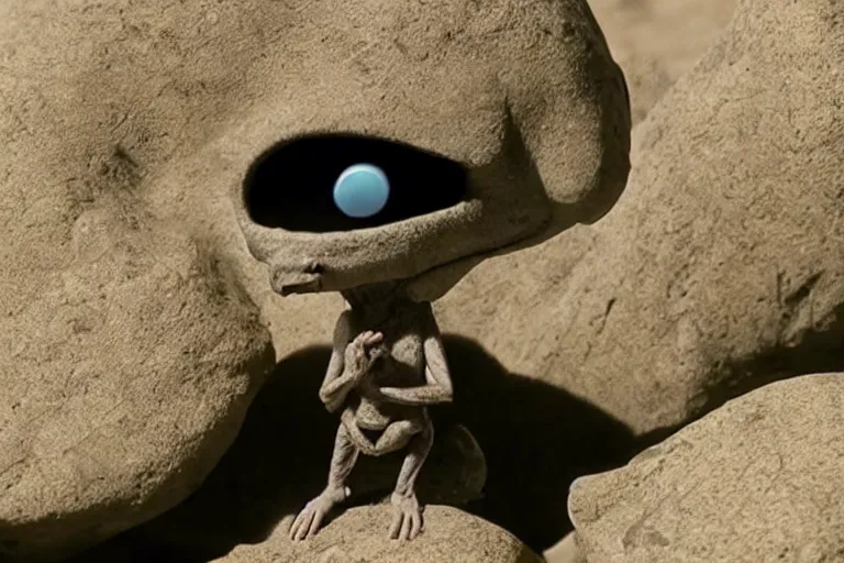 Image similar to vfx movie scene closeup adorable tiny little baby alien creature in moon desert eating a rock. by emmanuel lubezki
