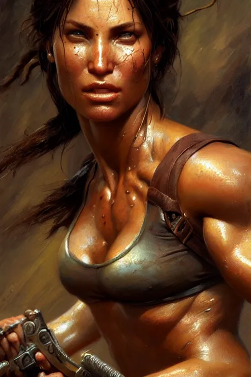 Image similar to muscular sweat lara croft, face close up, exhausted, highly detailed painting by gaston bussiere, craig mullins, j. c. leyendecker 8 k