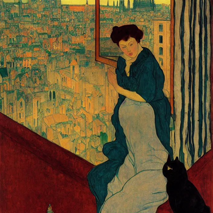 Prompt: close portrait of woman in night gown with cat and aloe vera, with city with gothic cathedral seen from a window frame with curtains. sun through the clouds. georges de la tour, egon schiele, henri de toulouse - lautrec, utamaro, monet