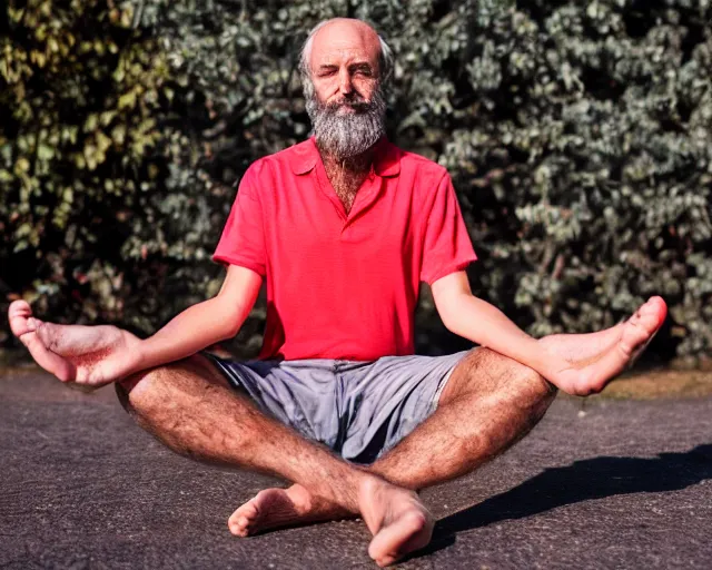 Image similar to mr robert smoke weed and meditate using his feet, he has dark grey hairs, detailed glad face, chest legs, visible belly, happy toes, golden hour closeup photo, red elegant shirt, eyes wide open, ymmm and that smell