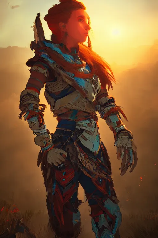 Image similar to combination suit armor aloy horizon forbidden west horizon zero dawn radiating a glowing aura global illumination ray tracing hdr fanart arstation by ian pesty and alena aenami artworks in 4 k tribal robot ninja mask helmet backpack