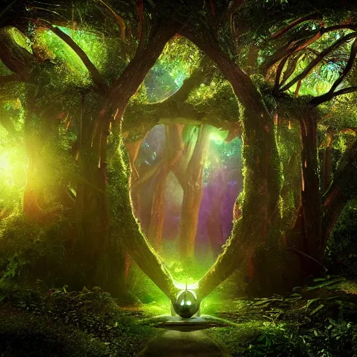 Prompt: active stargate to another dimension inside a beautiful tree in a densely overgrown jungle, fantasy, dreamlike sunrise volumetric lighting, ultra realistic, atmospheric, stopped in time, epic