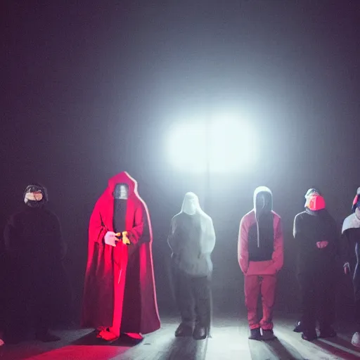 Image similar to five rappers in balaclavas, hoodies, and domino masks stand close together in chiaroscuro lighting. one of them is crucified on a brightly lit cross. blurry photo. bloody red logo on top