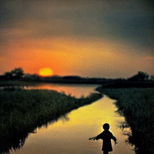 Image similar to Movie scene photography of a 10 years old boy playing in the dirty swamp, by tarkovsky, wong kar wai photography, sunset, monet pastel ambient