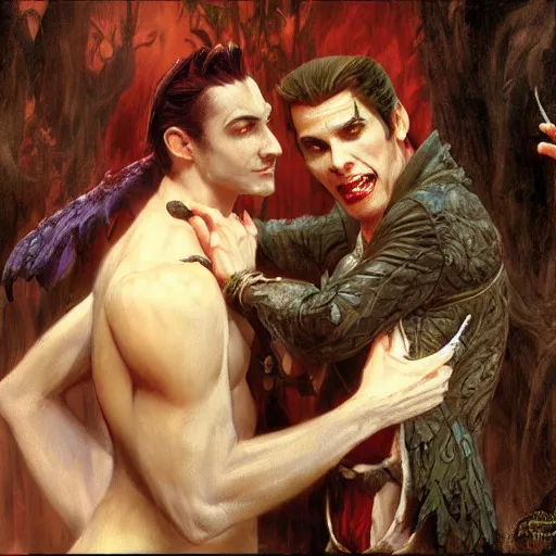 Image similar to attractive male fairy of the forest confesses his love to attractive male dracula the vampire. highly detailed painting by gaston bussiere, craig mullins, j. c. leyendecker 8 k