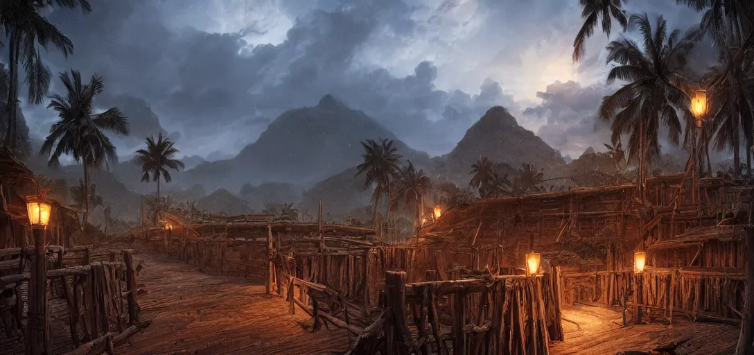 Image similar to wooden palisade wall on a tropical island kit by torches in a Storm night, intricate Details, raphael lacoste, eddie mendoza, alex ross, concept art, matte painting, highly detailed, rule of thirds, dynamic lighting, cinematic, detailed, denoised, centerd, clean render