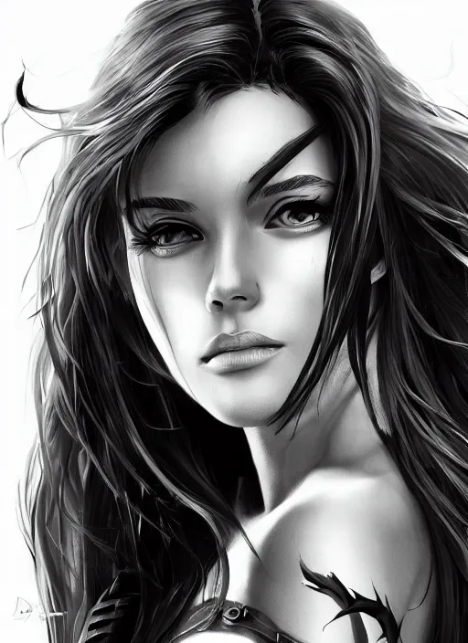 Prompt: headshot of a beautiful woman in black and white, art by diego fazio and diegoKoi, concept art, sharp focus, artgerm, 8k highly detailed