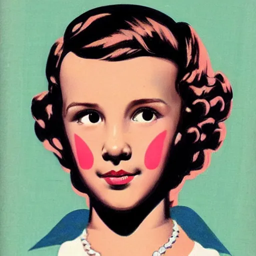 Prompt: “Millie Bobby Brown portrait, color vintage magazine illustration 1950”