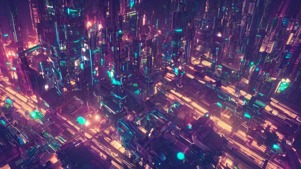 Image similar to cyberpunk city built in the sky, nighttime, fluorescent led, made in blender, octane render, cinematic, volumetric lighting, futuristic,, hyperrealistic, highly detailed, colourful 4 k hd