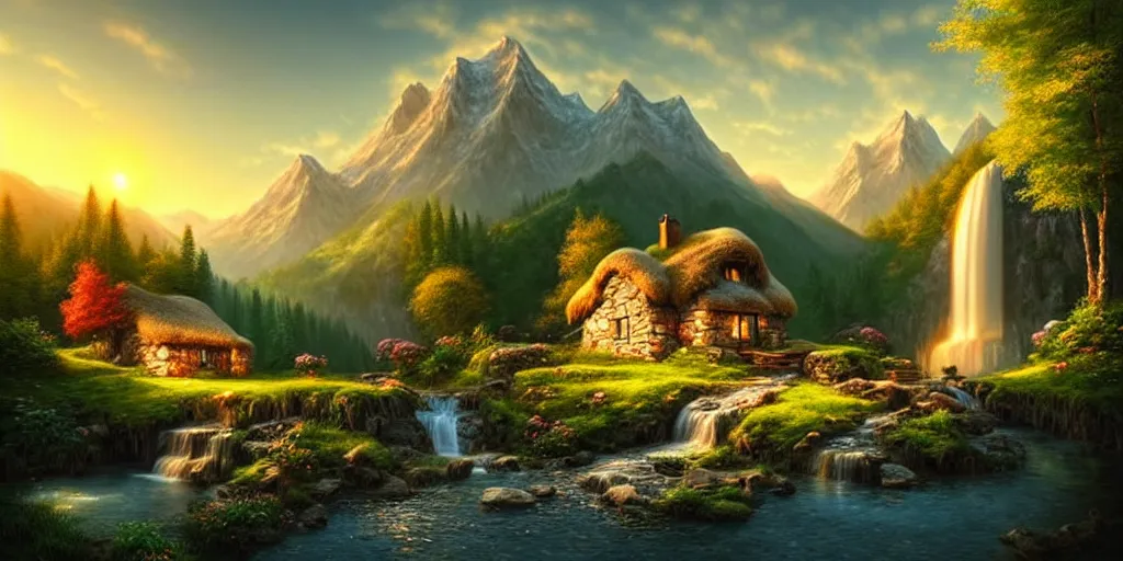 Image similar to a beautiful fantasy landscape, mountain in background, a waterfall in the mountains, little cottage, cute couple, small pond, some trees in the corner, sunrise, hyper realism, octane art, art by philipp urlich