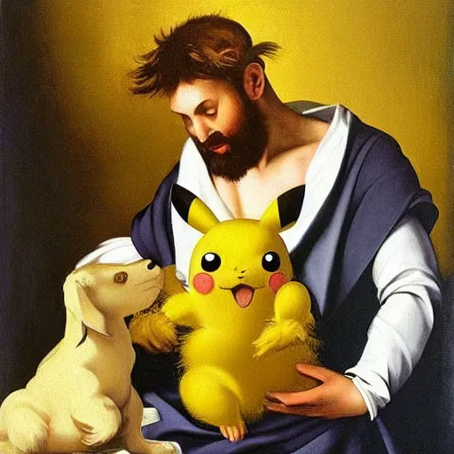 Prompt: zeus and his pet pikachu, oil painting by caravaggio