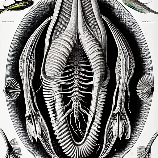 Image similar to alien fish anatomy by ernst haeckel, masterpiece, vivid, very detailed