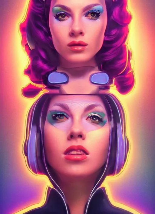 Image similar to gorgeous android woman facial portrait dressed in an aerobic outfit of the eighties with head band, retro, beautiful lights, vintage look, depth of field, hyper realistic, illustration, airbrush, 8 k, intricate, duo tone, art by david la chapelle and philip castle, artgerm