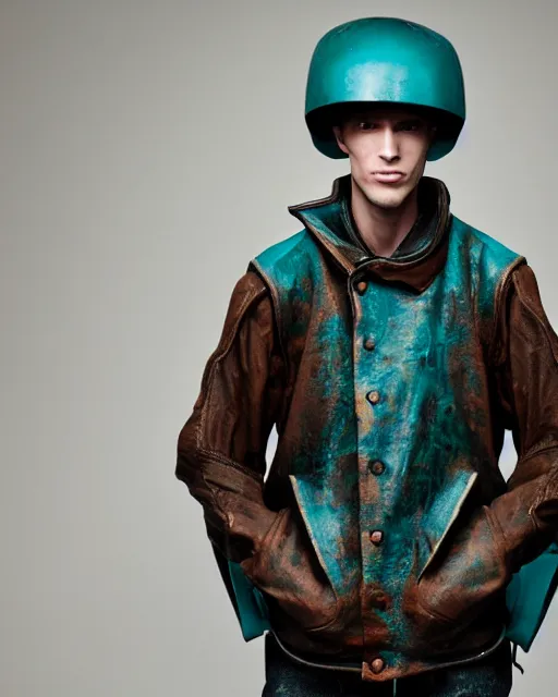 Image similar to an award - winning photo of a male model wearing a baggy teal distressed medieval menswear motorcycle jacket by issey miyake, 4 k, studio lighting, wide angle lens