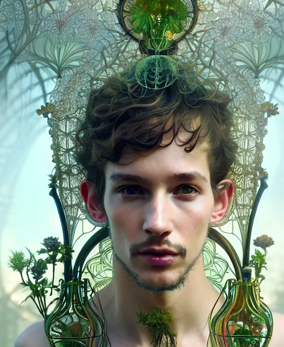 Prompt: intricate ornate opulent transparent clear see - through portrait of a playful beautiful human male beetle, fractal, adorable, childlike, overgrown biopunk jungle environment, ultra realistic, concept art, art nouveau, photorealistic, octane render, 8 k, unreal engine. art by christopher marley and artgerm and greg rutkowski and alphonse mucha