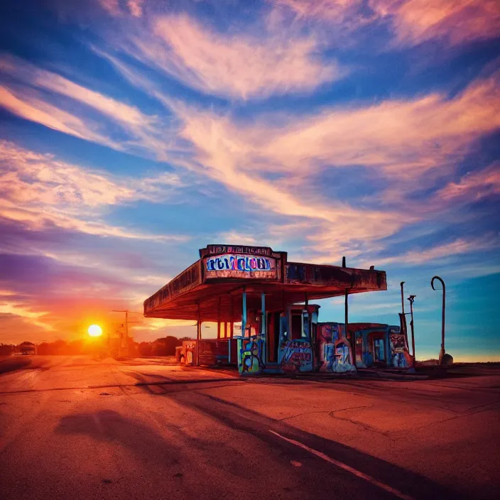 Image similar to a sunset light landscape with historical route 6 6, lots of sparkling details and sun ray ’ s, blinding backlight, smoke, volumetric lighting, colorful, octane, 3 5 mm, abandoned gas station, old rusty pickup - truck, beautiful epic colored reflections, very colorful heavenly, softlight