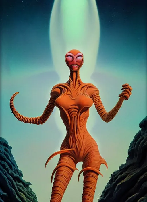 Prompt: photo of an alien woman in the style of roger dean and alberto vargas and stefan kostic, realistic, sharp focus, 8 k high definition, insanely detailed, intricate, elegant, art by greg rutkowski and artgerm, extreme blur coral reef background