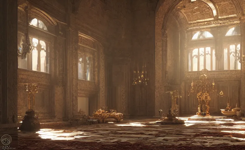 Prompt: a grand throne room interior in a stone castle, painting by Craig Mullins, octane rendering, soft morning lighting, wide angle lens, low view, in the style of Hayao Miyazaki, trending on artstation,