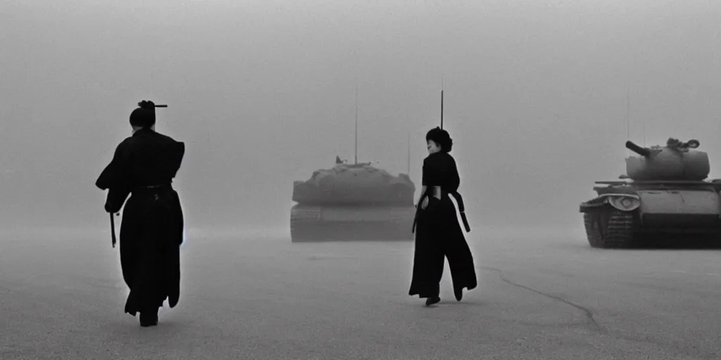 Image similar to modern chicago streets, elegant female samurai ninja, with large sword, open back dress, exposed back, wide hakama trousers, approaches a military tank ww 2 mech robot, by akira kurosawa, black and white, cinematography, movie, fog, atmospheric perspective,