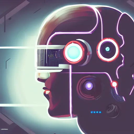 Prompt: cyberpunk bot wearing vr headset, sci - fi, portrait, illustration, artstaion, profile portrait,