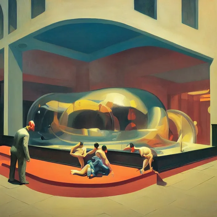 Image similar to round metaballs belting together and dripping on the floor, painted by Edward Hopper, painted by James Gilleard, surrealism, airbrush