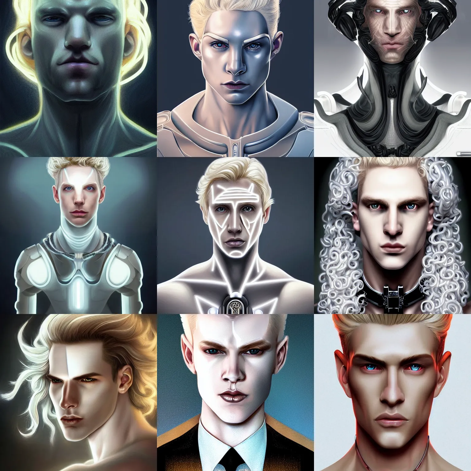 Prompt: symmetry portrait of a pale blond androgynous irish male cyborg with very curly long blond curly hair, clean shaven!!!!, sci - fi, glowing eyes, cyborg steel dog collar, intricate, elegant, highly detailed, digital painting, artstation, concept art, smooth, sharp focus, illustration, art by artgerm and greg rutkowski and alphonse mucha