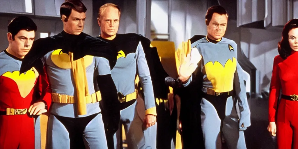 Prompt: ((Batman)) in Starfleet!!! uniform, in the role of Captain Kirk in a scene from Star Trek the original series
