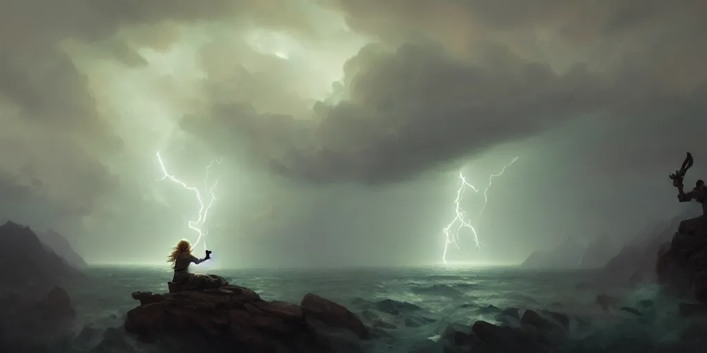 Image similar to thor makes heavy thunderstorm, extremely detailed digital painting, in the style of fenghua zhong and ruan jia and jeremy lipking and peter mohrbacher, mystical colors, rim light, beautiful lighting, 8 k, stunning scene, raytracing, octane, trending on artstation